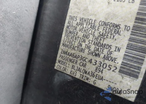 2016 Nissan Maxima 3.5 Platinum/3.5 S/3.5 Sl/3.5 Sr/3.5 Sv z USA, uszkodzony, nr VIN 1N4AA6AP3GC433052